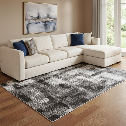 8' X 10' Denim Blue Charcoal And Gray Abstract Washable Area Rug With UV Protection