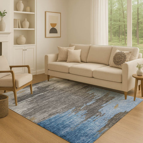 9' X 12' Denim Blue Charcoal And Gray Abstract Washable Area Rug With UV Protection