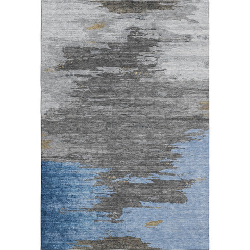 9' X 12' Denim Blue Charcoal And Gray Abstract Washable Area Rug With UV Protection