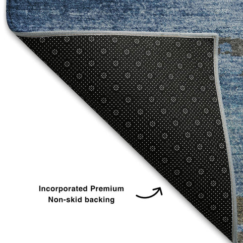 9' X 12' Denim Blue Charcoal And Gray Abstract Washable Area Rug With UV Protection