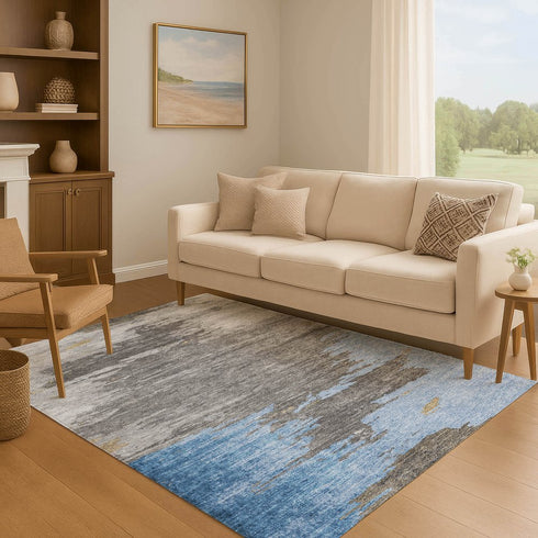9' X 12' Denim Blue Charcoal And Gray Abstract Washable Area Rug With UV Protection