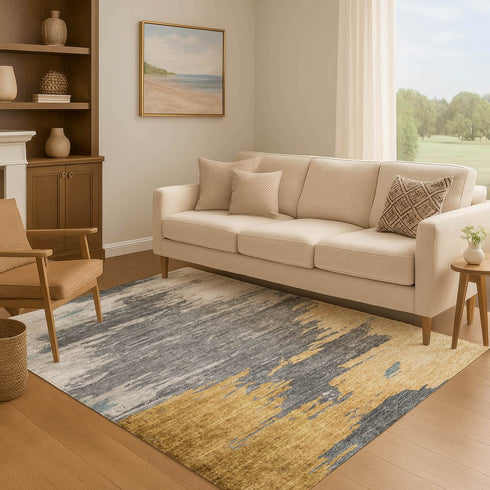 9' X 12' Gold Charcoal And Gray Abstract Washable Area Rug With UV Protection