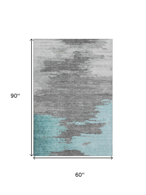 5' X 8' Teal Charcoal And Gray Abstract Washable Area Rug With UV Protection