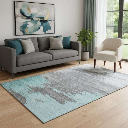 5' X 8' Teal Charcoal And Gray Abstract Washable Area Rug With UV Protection