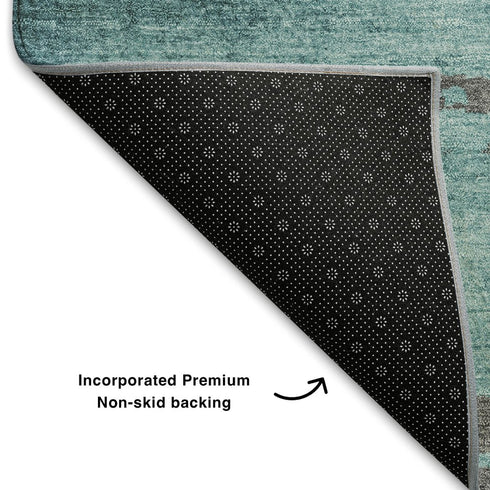 5' X 8' Teal Charcoal And Gray Abstract Washable Area Rug With UV Protection