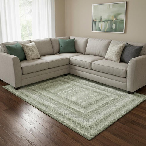 8' X 10' Artichoke Green Gray And Ivory Geometric Washable Area Rug With UV Protection