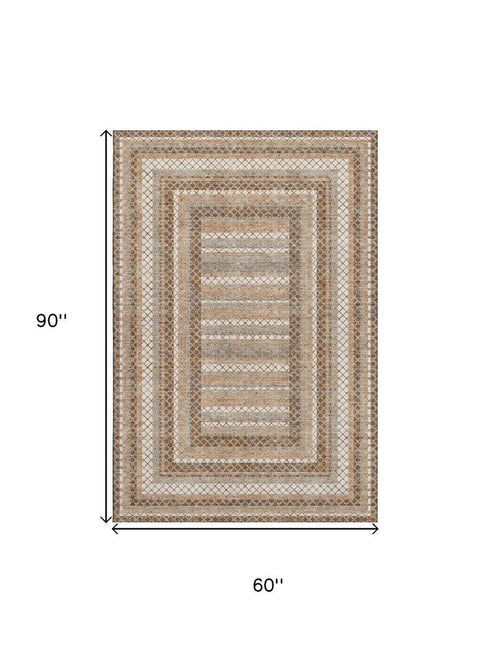 5' X 8' Chocolate Ivory And Beige Geometric Washable Area Rug With UV Protection