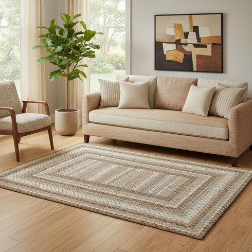 5' X 8' Chocolate Ivory And Beige Geometric Washable Area Rug With UV Protection