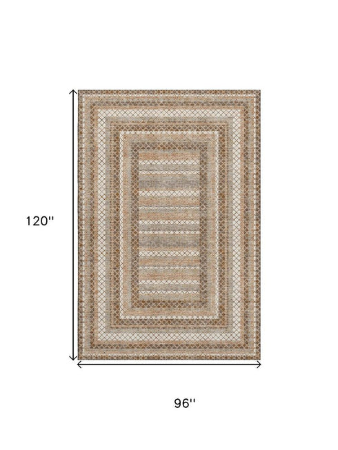 8' X 10' Chocolate Ivory And Beige Geometric Washable Area Rug With UV Protection