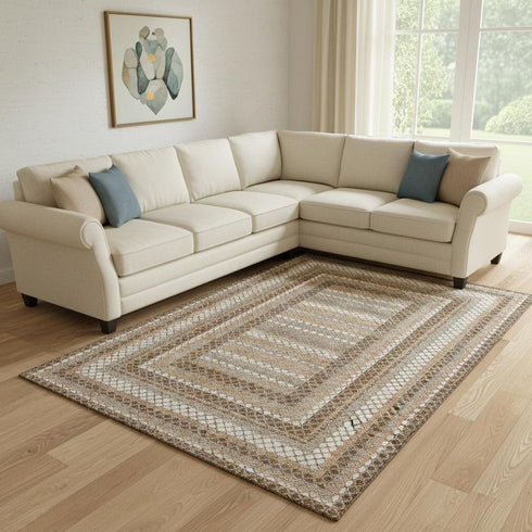 8' X 10' Chocolate Ivory And Beige Geometric Washable Area Rug With UV Protection