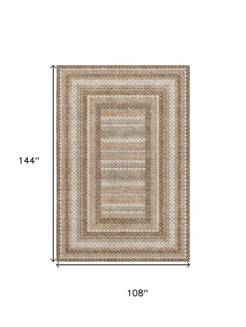 9' X 12' Chocolate Ivory And Beige Geometric Washable Area Rug With UV Protection