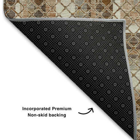 9' X 12' Chocolate Ivory And Beige Geometric Washable Area Rug With UV Protection