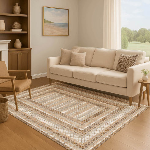 9' X 12' Chocolate Ivory And Beige Geometric Washable Area Rug With UV Protection