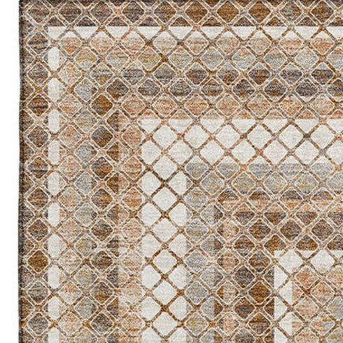 9' X 12' Chocolate Ivory And Beige Geometric Washable Area Rug With UV Protection