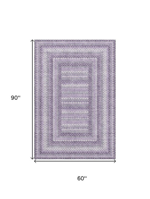 5' X 8' Lavender And Ivory Geometric Washable Area Rug With UV Protection