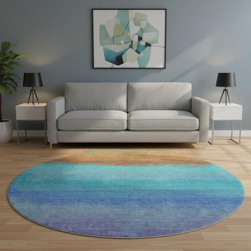 8' Aqua Orange And Copper Ombre Washable Round Rug With UV Protection