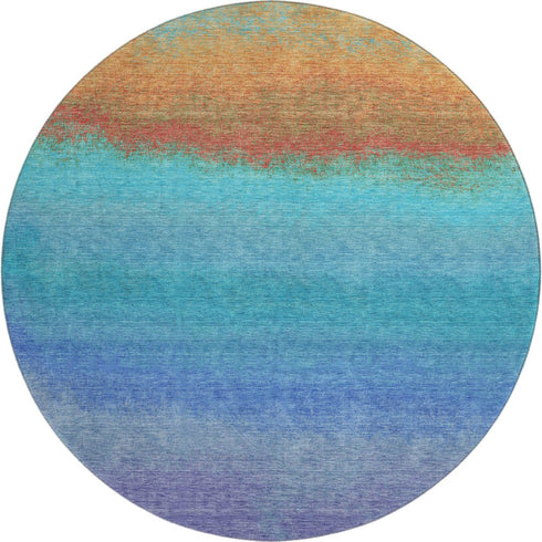 8' Aqua Orange And Copper Ombre Washable Round Rug With UV Protection