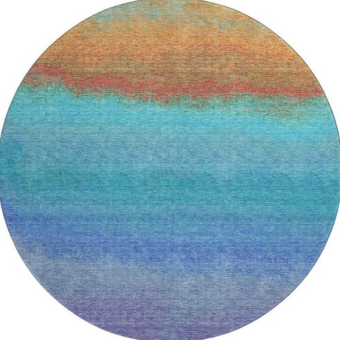 8' Aqua Orange And Copper Ombre Washable Round Rug With UV Protection