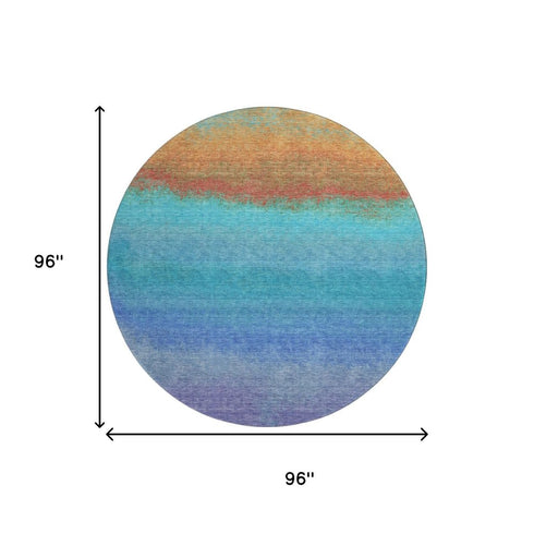 8' Aqua Orange And Copper Ombre Washable Round Rug With UV Protection