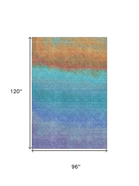 8' X 10' Aqua Orange And Copper Ombre Washable Area Rug With UV Protection