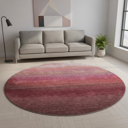 8' Red And Blush Ombre Washable Round Rug With UV Protection