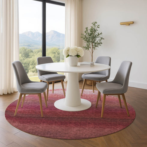 8' Red And Blush Ombre Washable Round Rug With UV Protection