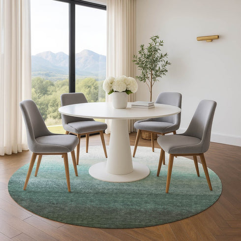 8' Pale Aqua Gray And Ivory Ombre Washable Round Rug With UV Protection
