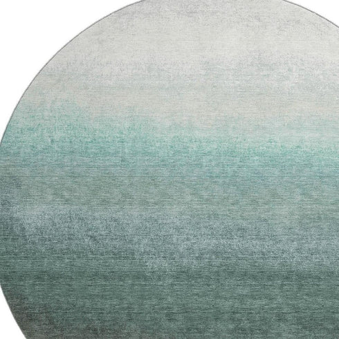 8' Pale Aqua Gray And Ivory Ombre Washable Round Rug With UV Protection