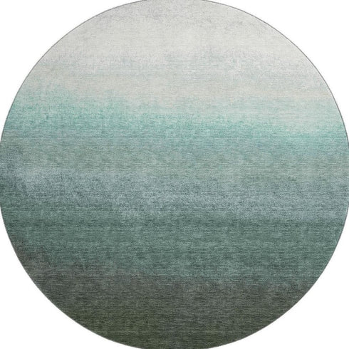 8' Pale Aqua Gray And Ivory Ombre Washable Round Rug With UV Protection