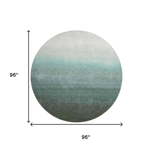 8' Pale Aqua Gray And Ivory Ombre Washable Round Rug With UV Protection