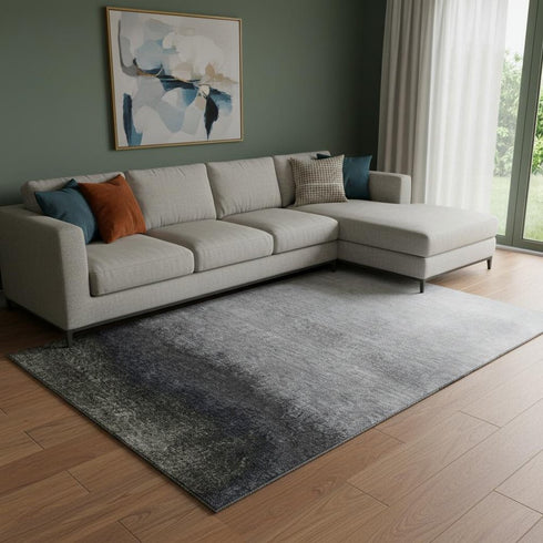 8' X 10' Silver Gray And Black Ombre Washable Area Rug With UV Protection
