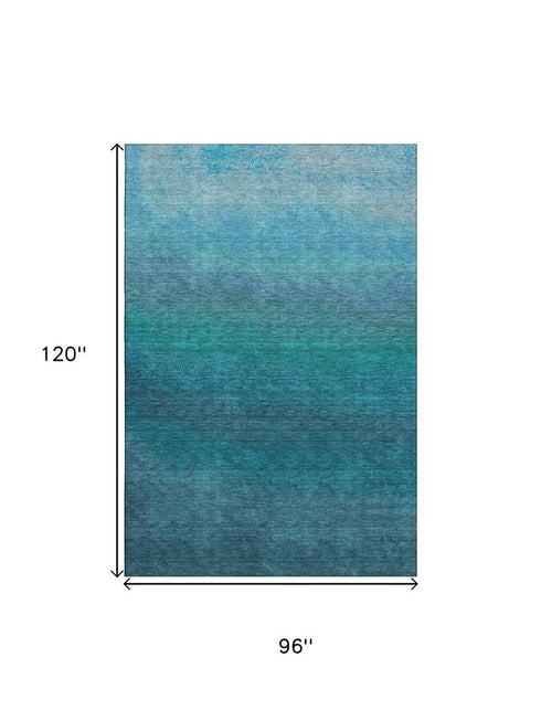 8' X 10' Teal And Sky Blue Ombre Washable Area Rug With UV Protection