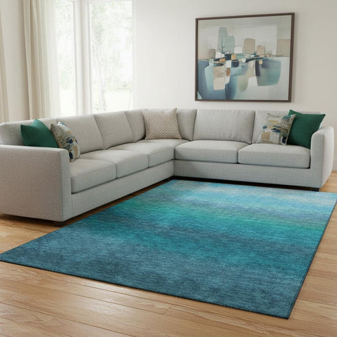8' X 10' Teal And Sky Blue Ombre Washable Area Rug With UV Protection