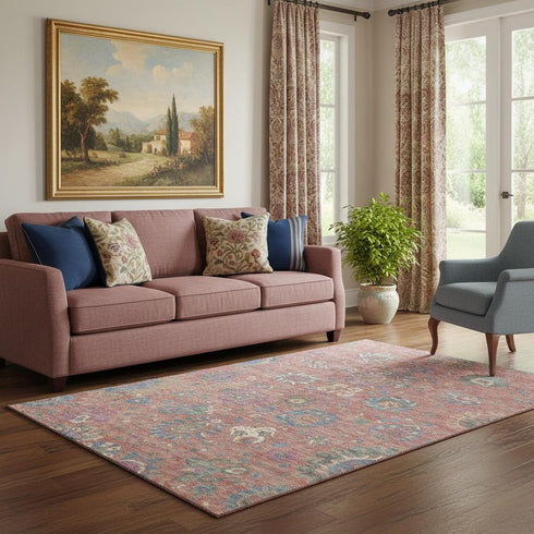 5' X 8' Coral Blue And Ivory Oriental Washable Area Rug With UV Protection