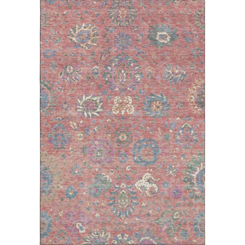 5' X 8' Coral Blue And Ivory Oriental Washable Area Rug With UV Protection