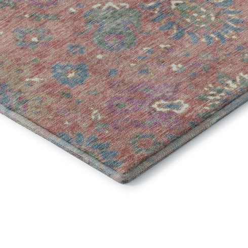 5' X 8' Coral Blue And Ivory Oriental Washable Area Rug With UV Protection