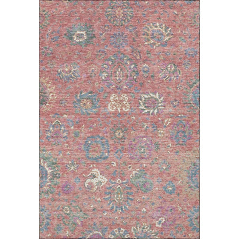 5' X 8' Coral Blue And Ivory Oriental Washable Area Rug With UV Protection