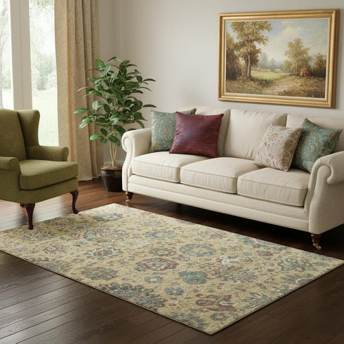5' X 8' Gold Gray And Ivory Oriental Washable Area Rug With UV Protection