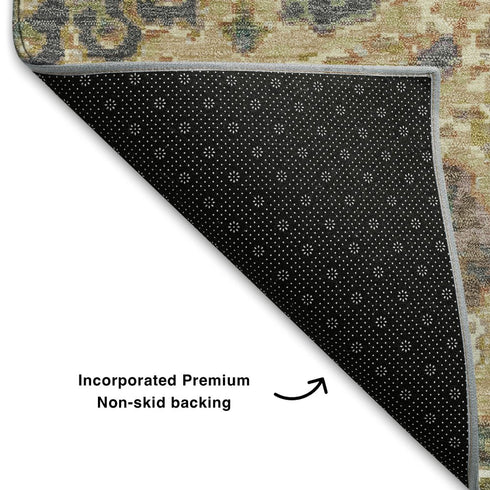 5' X 8' Gold Gray And Ivory Oriental Washable Area Rug With UV Protection