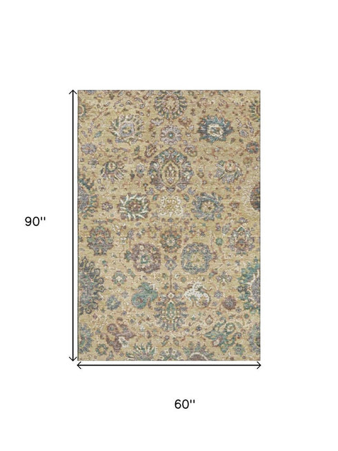 5' X 8' Gold Gray And Ivory Oriental Washable Area Rug With UV Protection