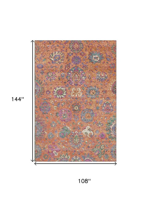 9' X 12' Orange Blue And Pink Oriental Washable Area Rug With UV Protection