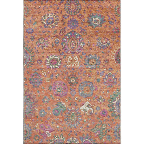 9' X 12' Orange Blue And Pink Oriental Washable Area Rug With UV Protection