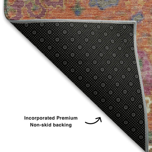 9' X 12' Orange Blue And Pink Oriental Washable Area Rug With UV Protection