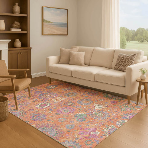 9' X 12' Orange Blue And Pink Oriental Washable Area Rug With UV Protection