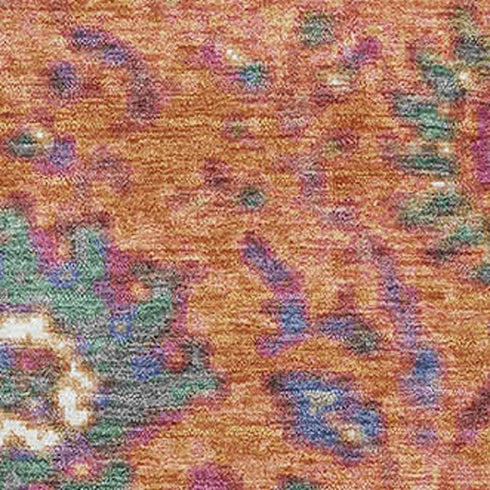 9' X 12' Orange Blue And Pink Oriental Washable Area Rug With UV Protection