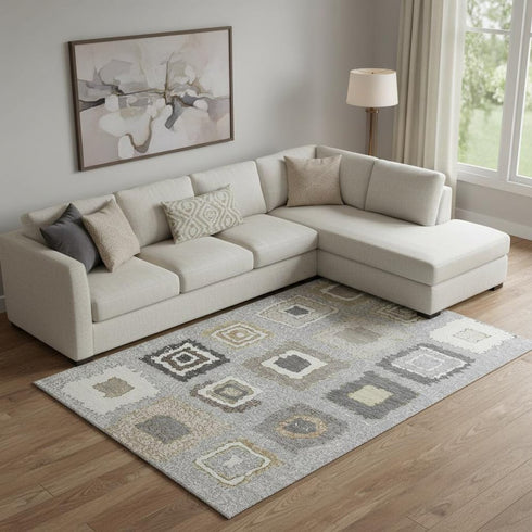9' X 12' Gray Ivory And Beige Geometric Washable Area Rug With UV Protection