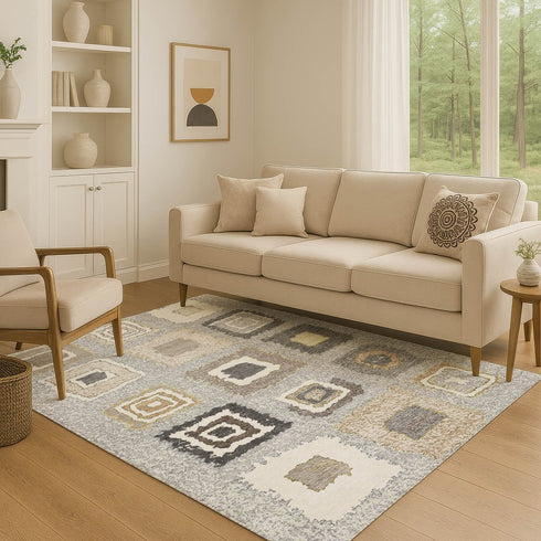 9' X 12' Gray Ivory And Beige Geometric Washable Area Rug With UV Protection