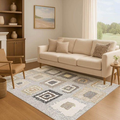 9' X 12' Gray Ivory And Beige Geometric Washable Area Rug With UV Protection
