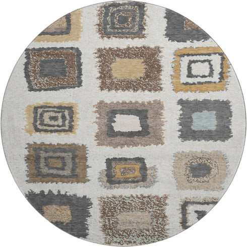 8' Ivory Gray And Brown Geometric Washable Round Rug With UV Protection