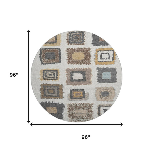 8' Ivory Gray And Brown Geometric Washable Round Rug With UV Protection